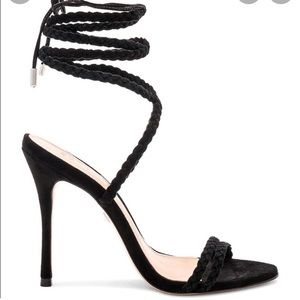 Schutz Braid Lace Up Ankle Wrap Suede Black Open Toe Stiletto Heel Sandals 7